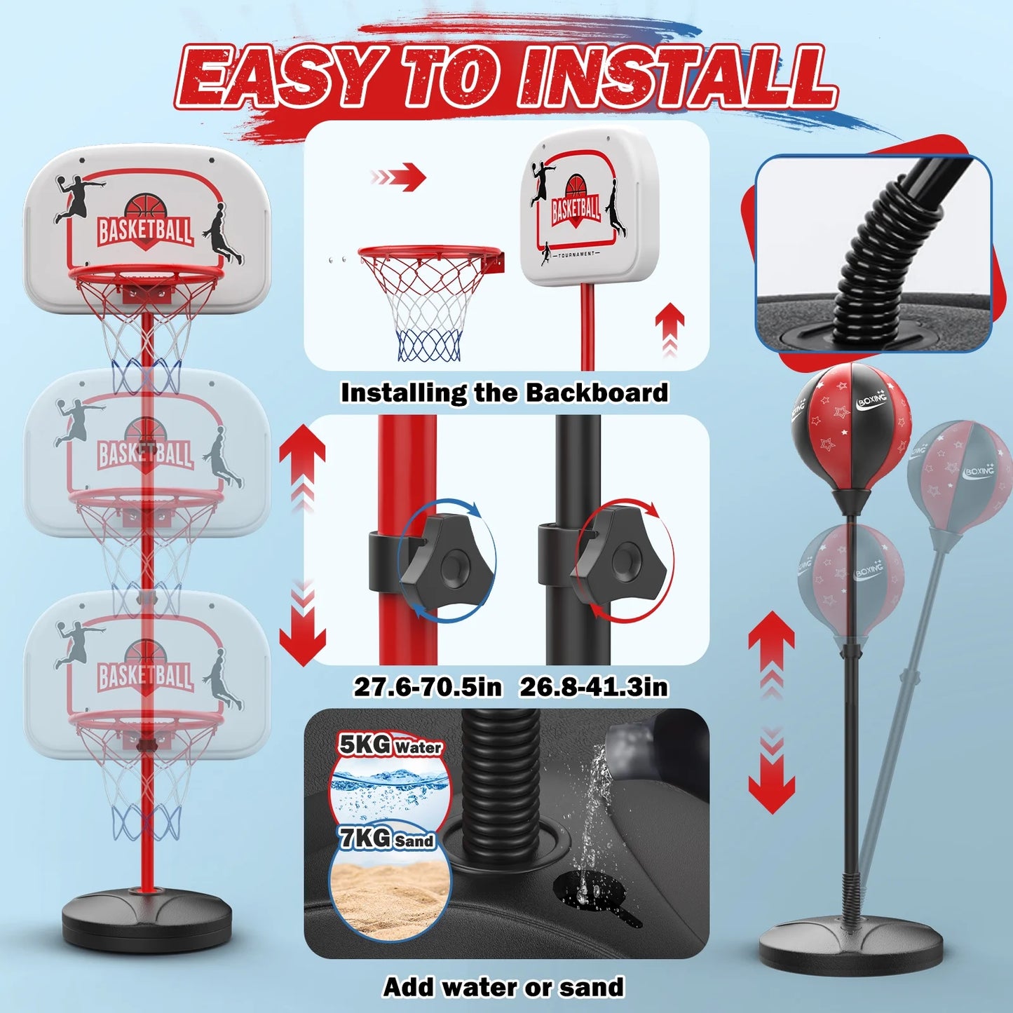 2 in 1 Kids Basketball Hoop and Punching Bag, Adjustable Stand with Boxing Gloves & 2 Balls, Toddler Basketball Hoop and Boxing Bag Set Toy for Outdoor Indoor Sports Games