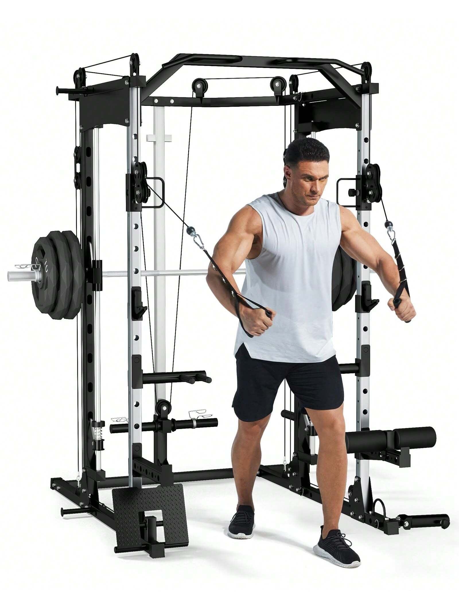 Smith Machine, 2200Lbs Squat Rack with Duable Cable & Lat-Pull down System, Multi-Function Squat Rack Power Cage for Home Gym, Training Equipment with Leg Hold-Down Attachment
