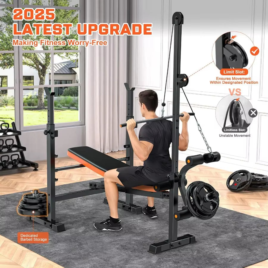 800Lbs 8-In-1 Adjustable Weight Bench for Home Gym: Multi-Function Strength Trainer with Lat Pulldown Leg Extension/Curl Barbel