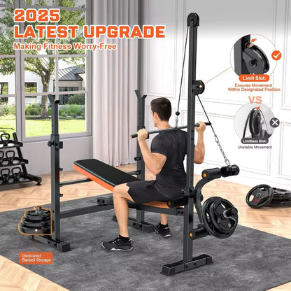 800Lbs 8-In-1 Adjustable Weight Bench for Home Gym: Multi-Function Strength Trainer with Lat Pulldown Leg Extension/Curl Barbel