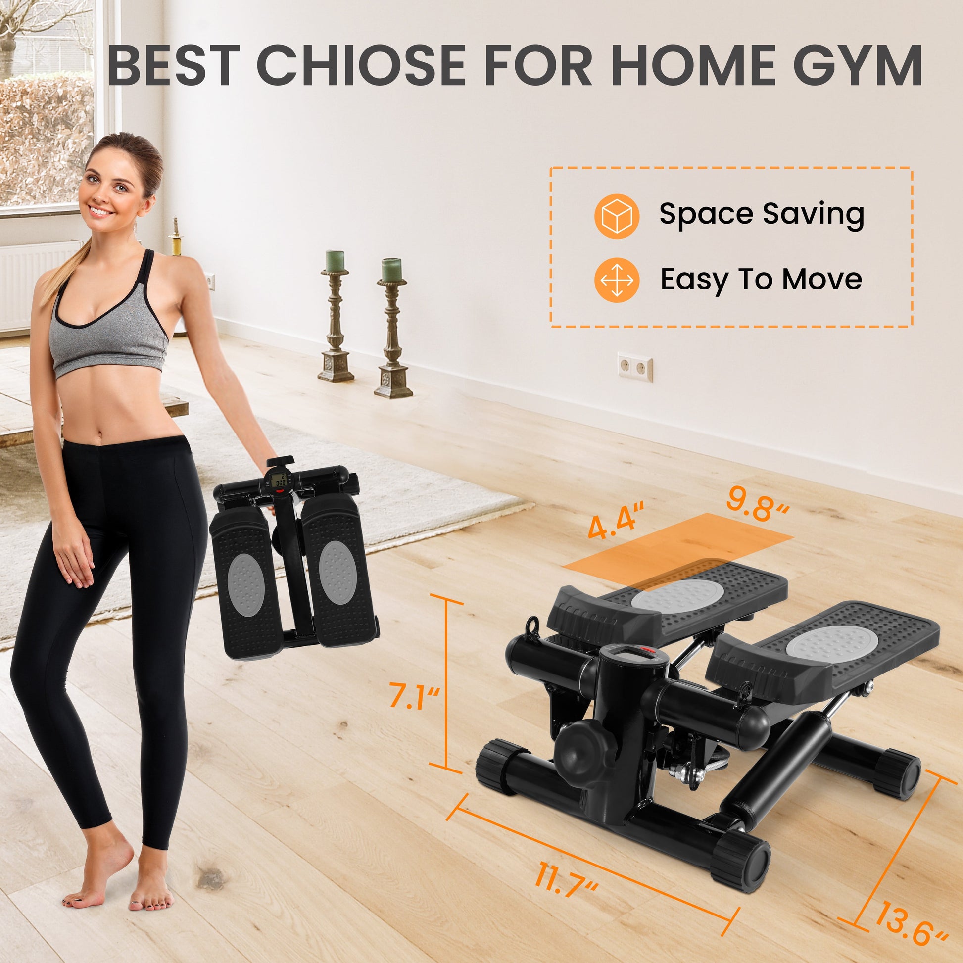 Mini Steppers, Stair Steeper with Resistance Bands, Portable Stepper Capable of Full-Body Exercise, Low Noise and Smooth, 300 Lbs Weight Capacity, Black/ Gray