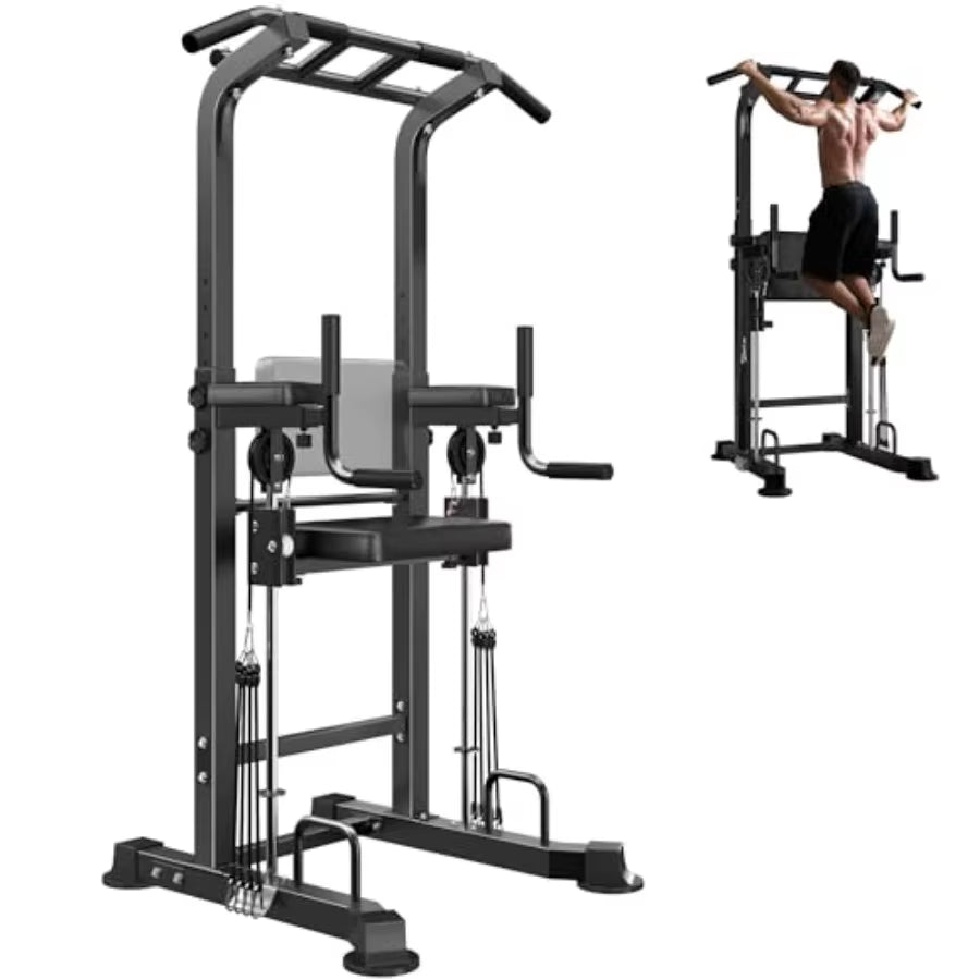 Power Tower Dip Station with Assisted Pad Height Adjustable Pull up Bar Station for Home Gym Multi-Function Strength Training F