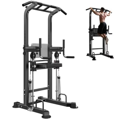 Power Tower Dip Station with Assisted Pad Height Adjustable Pull up Bar Station for Home Gym Multi-Function Strength Training F