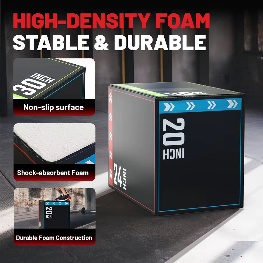 3In1 Plyometric Jump Box Workout Equipment for Home Gym Training: Adjustable Height Boxes 20 24 30 with Antislip Surface and Hi