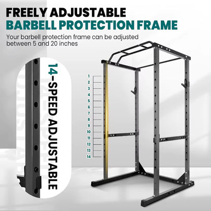 Power Cage 1200LB Squat Rack with Dual Pulley Cable Crossover System for Home Gym: Multifunction Free Weight Workout Machine Fe