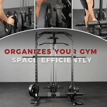 Smith Machine Home Gym, Multi-Functional Squat Rack with Lat Pull down System, Workout Station with Weight Bar, Bend Peg and Other Functional Attachments