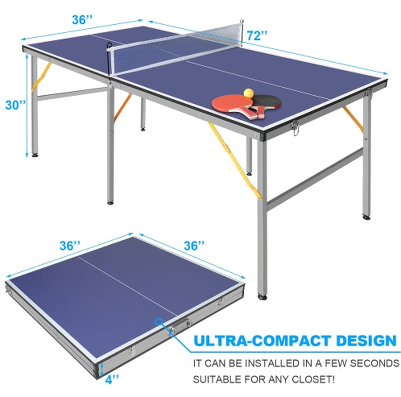 6Ft Mid-Size Table Tennis Table Foldable Portable Ping Pong Table Set for Indoor Outdoor Games with Net, 2 Table Tennis Paddles and 3 Balls