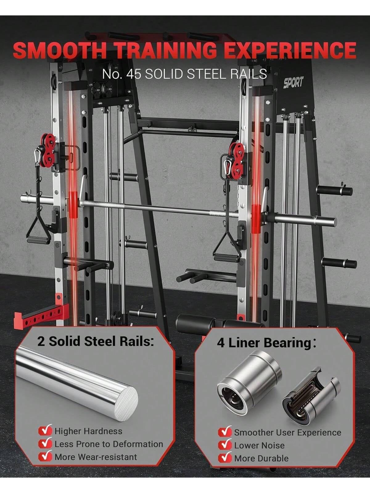 Ataucjin Smith Machine Home Gym All in One, 2200LBS Squat Rack Power Cage Workout Equipment with Smith Bar, LAT Pull-Down Systems, Cable 1, Leg Hold-Down and More Attachments(Ship in 4 Boxes)