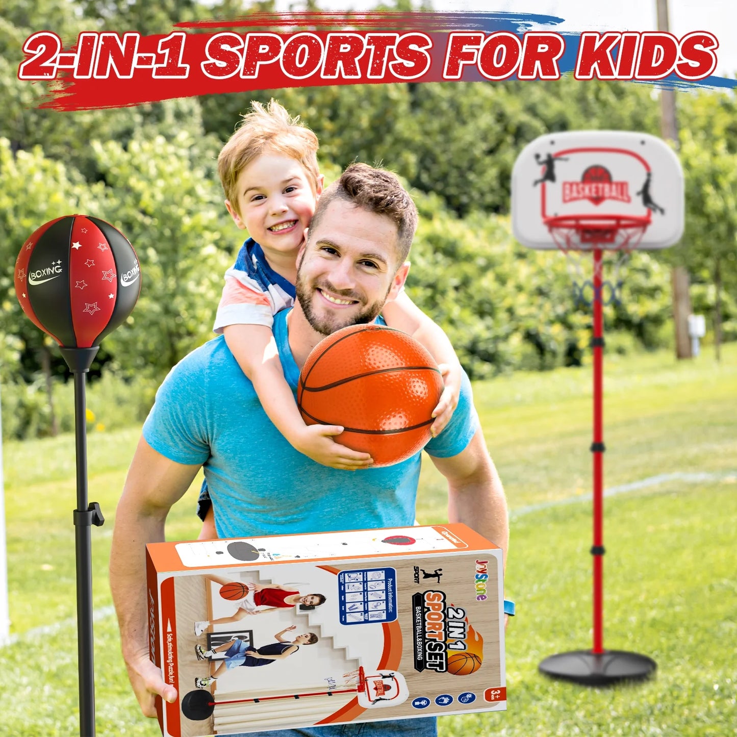 2 in 1 Kids Basketball Hoop and Punching Bag, Adjustable Stand with Boxing Gloves & 2 Balls, Toddler Basketball Hoop and Boxing Bag Set Toy for Outdoor Indoor Sports Games
