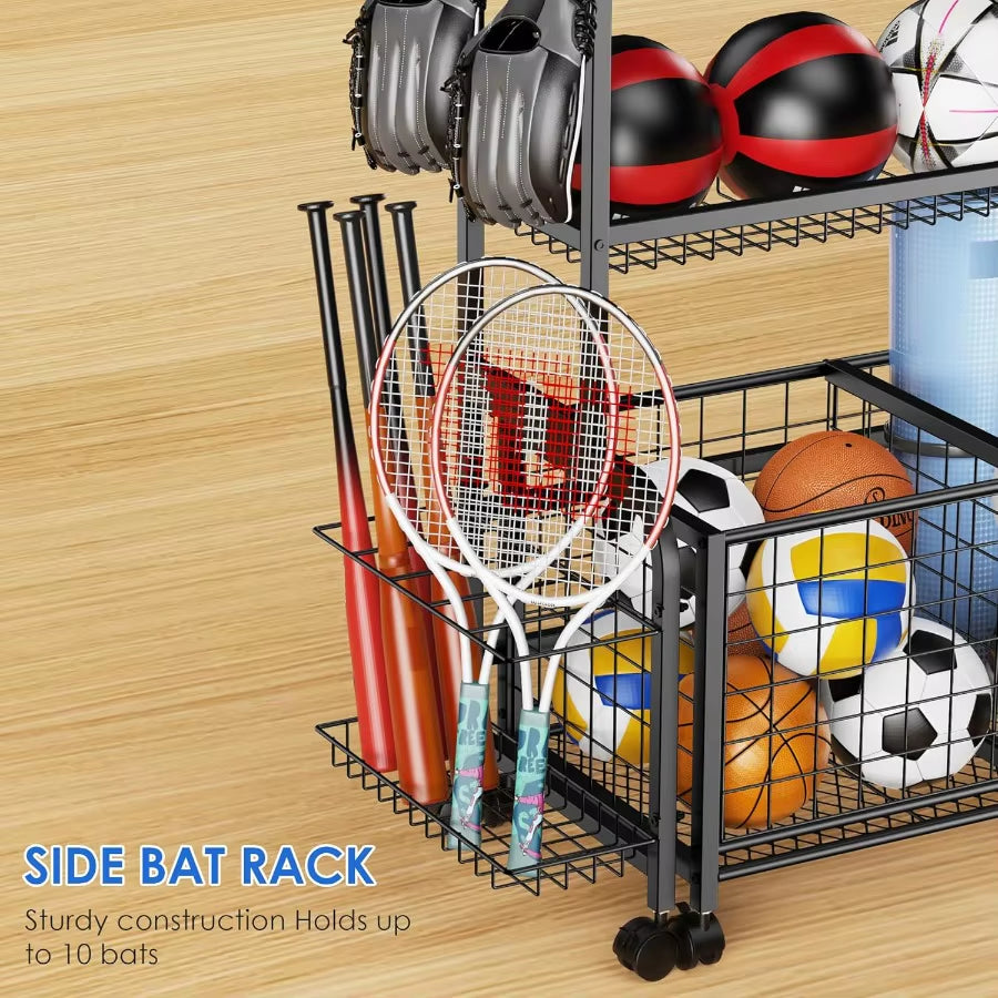 2 in 1 Sports Equipment Organizer for Garage with Rolling Basket and Adjustable Hooks Individually Movable Ball Storage Cart Fo
