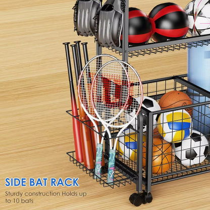 2 in 1 Sports Equipment Organizer for Garage with Rolling Basket and Adjustable Hooks Individually Movable Ball Storage Cart Fo