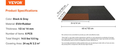 25/12/6PCS 1/2 Inch Thick Gym Floor Mats EVA Foam & Rubber Top Interlocking Workout Floor Mats Waterproof Exercise Mats