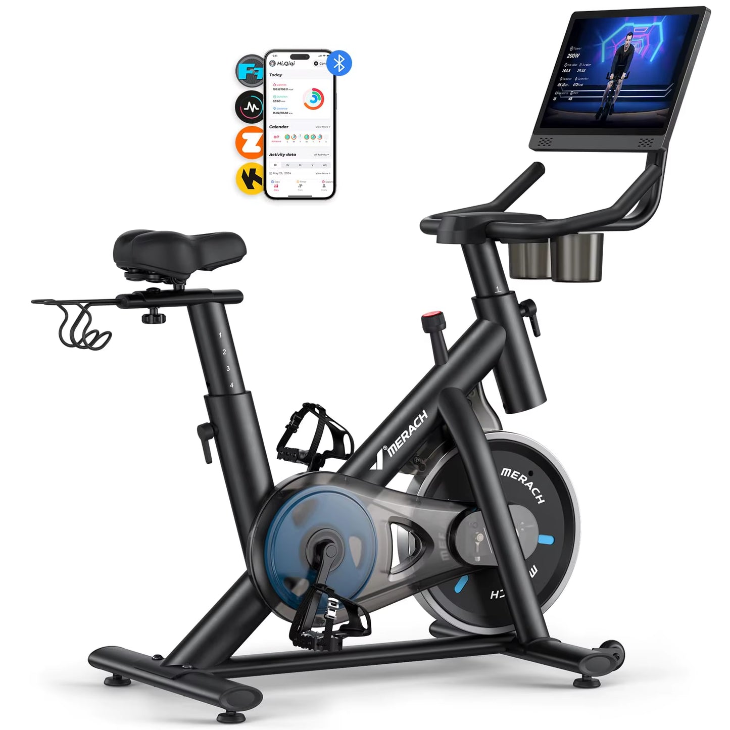 Exercise Bike Brake Pad Stationary with Exclusive App Low Noise Indoor Bike Tablet Mount&Fitness Courses for Weight Loss