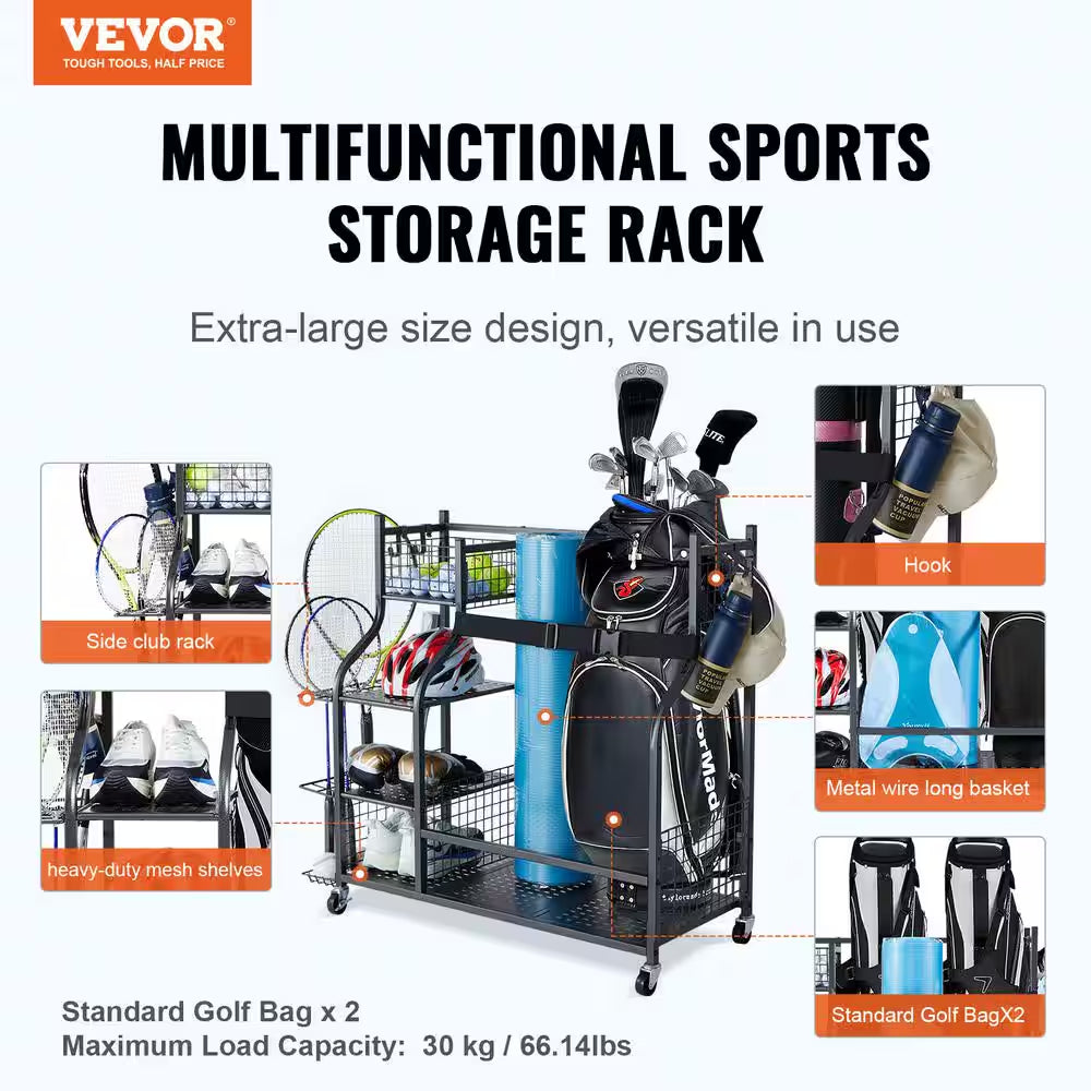 Golf Storage Garage Organizer 66 Lbs. Rolling Ball Cart on Wheels Outdoor Sport Gear and Toy Storage