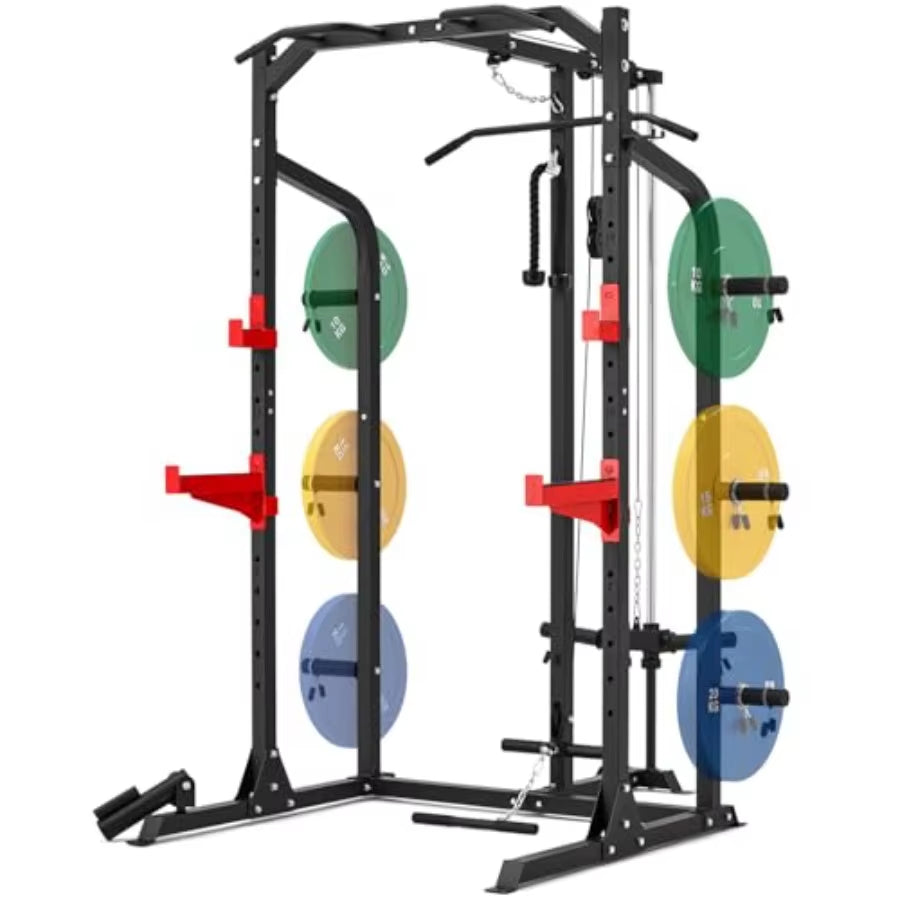 2X2 Squat Half Rack with LAT Pulldown System and Multigrip Pullup Bar for Home Gym Featuring Plate Storage and 1000LBS Capacity