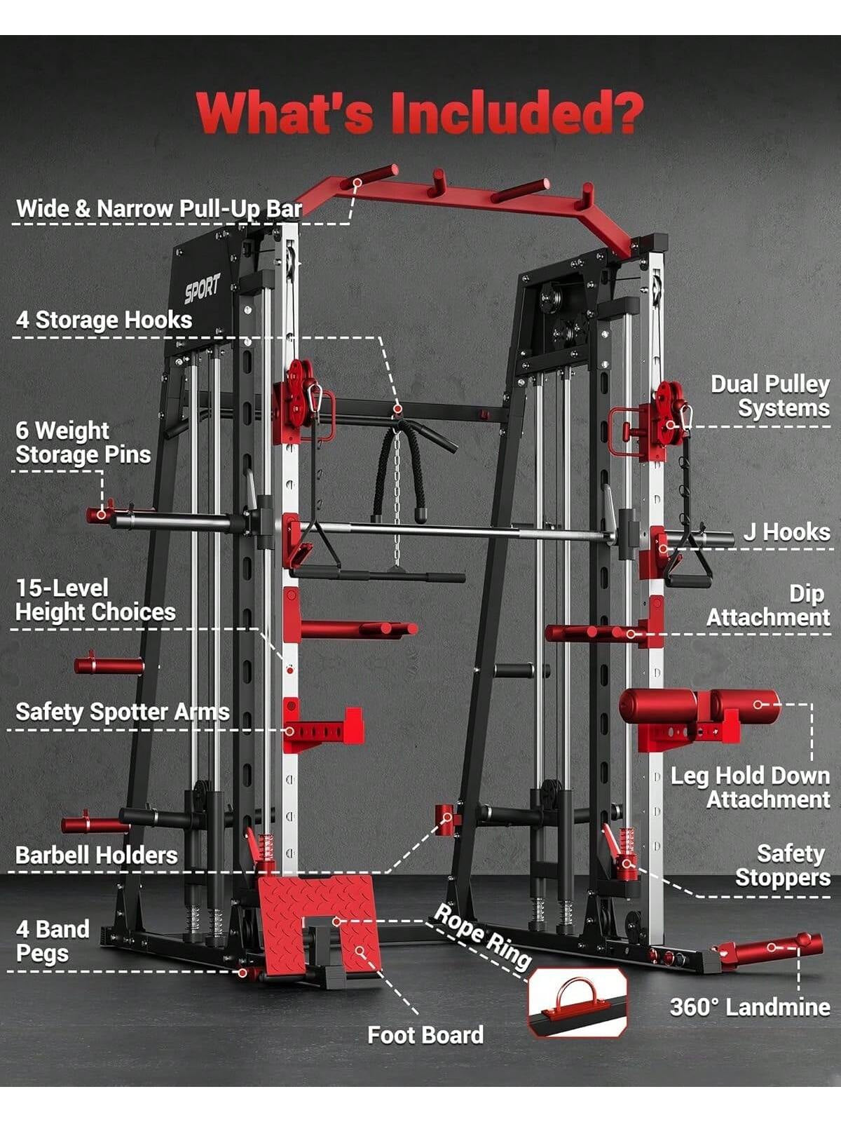 Ataucjin Smith Machine Home Gym All in One, 2200LBS Squat Rack Power Cage Workout Equipment with Smith Bar, LAT Pull-Down Systems, Cable 1, Leg Hold-Down and More Attachments(Ship in 4 Boxes)