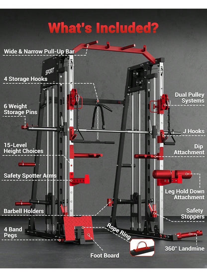 Ataucjin Smith Machine Home Gym All in One, 2200LBS Squat Rack Power Cage Workout Equipment with Smith Bar, LAT Pull-Down Systems, Cable 1, Leg Hold-Down and More Attachments(Ship in 4 Boxes)