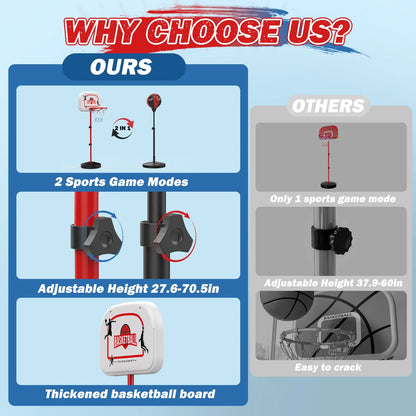 2 in 1 Kids Basketball Hoop and Punching Bag, Adjustable Stand with Boxing Gloves & 2 Balls, Toddler Basketball Hoop and Boxing Bag Set Toy for Outdoor Indoor Sports Games