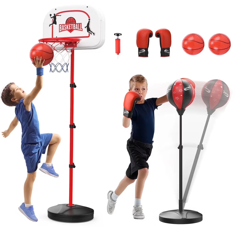 2 in 1 Kids Basketball Hoop and Punching Bag, Adjustable Stand with Boxing Gloves & 2 Balls, Toddler Basketball Hoop and Boxing Bag Set Toy for Outdoor Indoor Sports Games