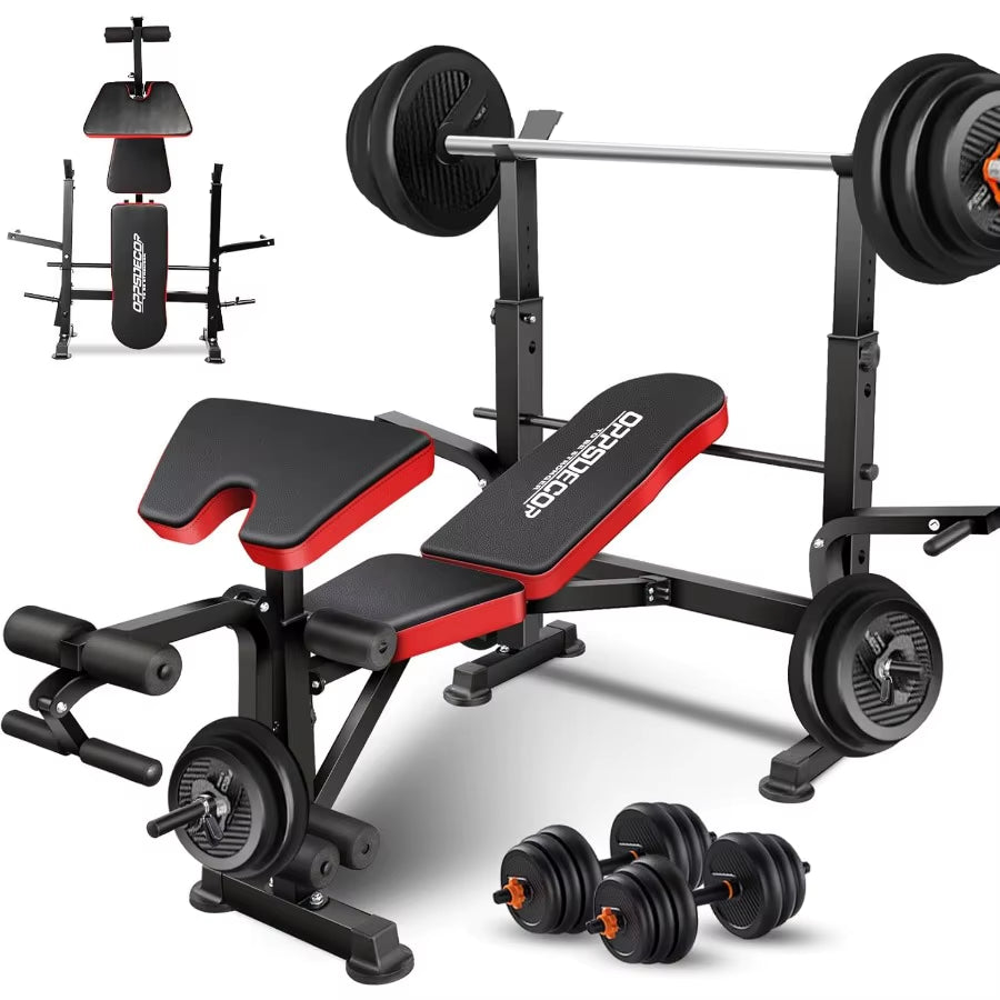 660Lbs 6 in 1 Weight Bench Set with Squat Rack, Workout Bench with Leg Extension Preacher Curl Rack Multi-Function Bench Press S