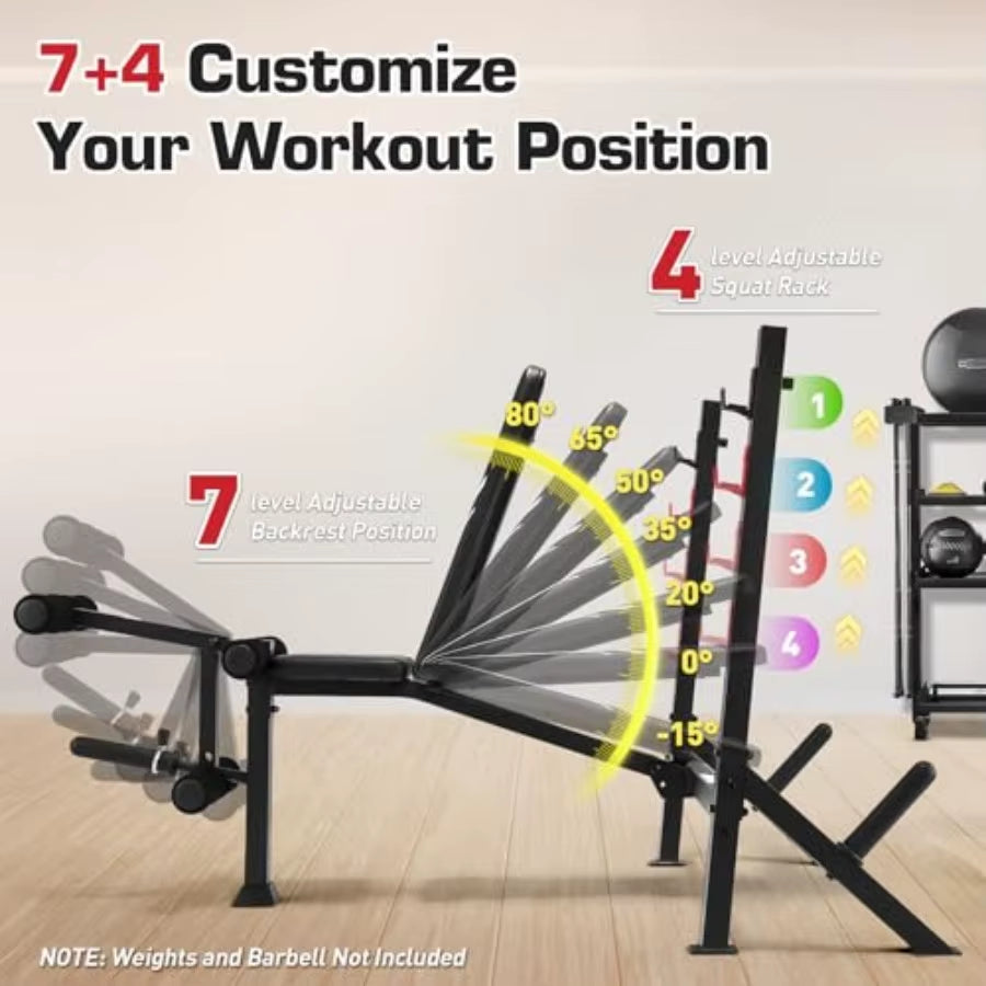 Adjustable Weight Bench Set with Squat Rack for Home Gym Strength Training: 900LBS Capacity Multi-Function Bench Press with Leg