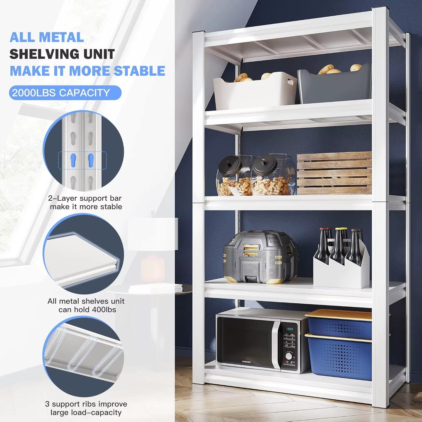 Garage Shelving Heavy Duty 2000LBS Storage Shelves Heavy Duty Shelving 5 Tier White Metal Shelves Pantry Shelf for Kitchen