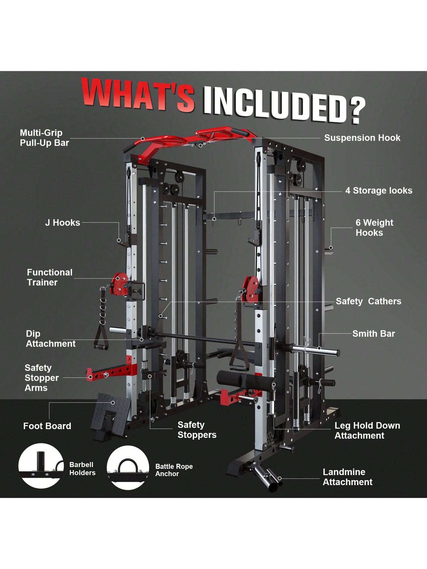 Smith Machine - 2200Lbs Squat Rack Home Gym with Lat-Pull down System & Cable Crossover Machine - Training Equipment with Leg Hold-Down Attachment