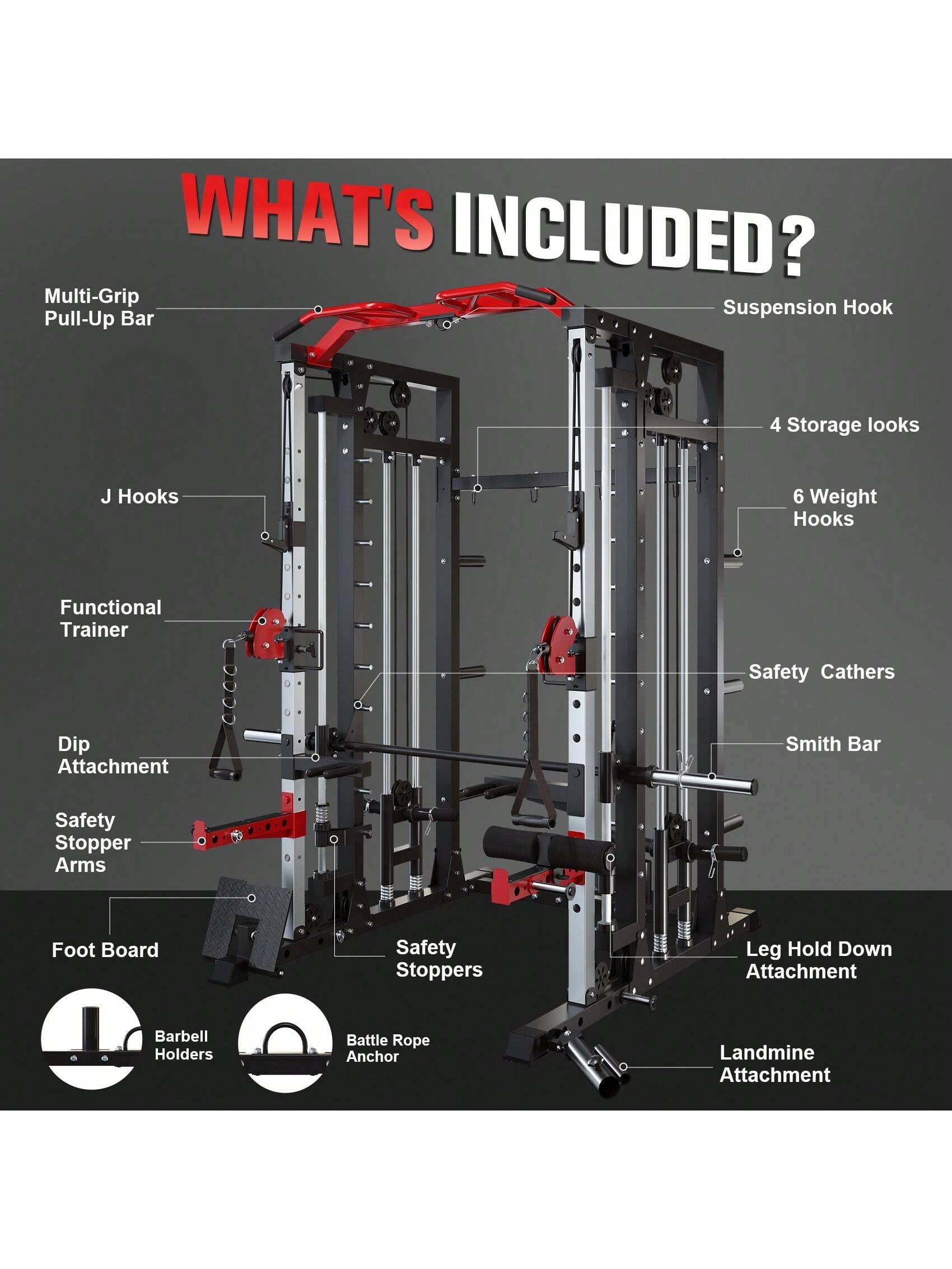Smith Machine - 2200Lbs Squat Rack Home Gym with Lat-Pull down System & Cable Crossover Machine - Training Equipment with Leg Hold-Down Attachment