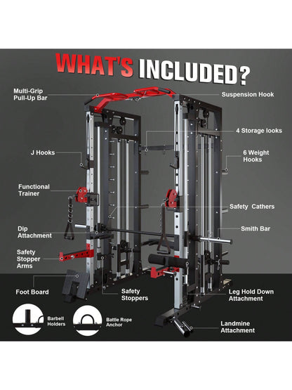 Smith Machine - 2200Lbs Squat Rack Home Gym with Lat-Pull down System & Cable Crossover Machine - Training Equipment with Leg Hold-Down Attachment