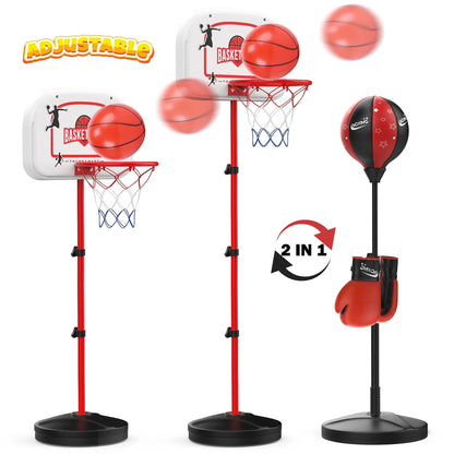 2 in 1 Kids Basketball Hoop and Punching Bag, Adjustable Stand with Boxing Gloves & 2 Balls, Toddler Basketball Hoop and Boxing Bag Set Toy for Outdoor Indoor Sports Games