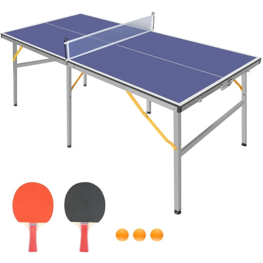 6Ft Mid-Size Table Tennis Table Foldable Portable Ping Pong Table Set for Indoor Outdoor Games with Net, 2 Table Tennis Paddles and 3 Balls