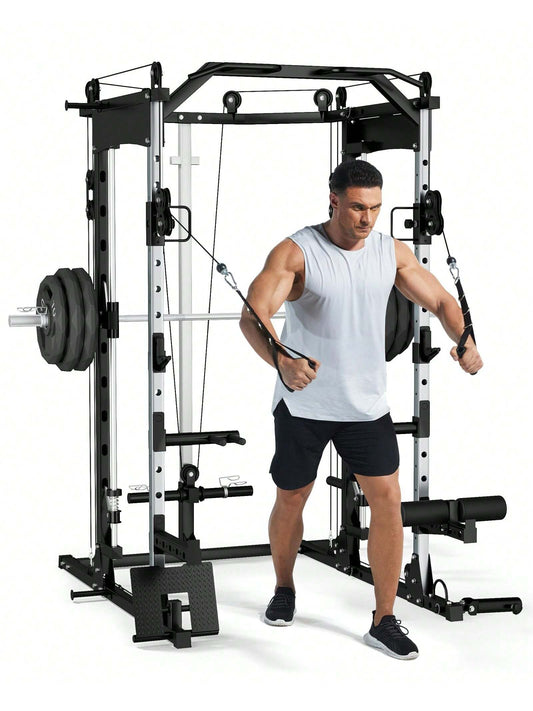 Smith Machine, 2200Lbs Squat Rack with Duable Cable & Lat-Pull down System, Multi-Function Squat Rack Power Cage for Home Gym, Training Equipment with Leg Hold-Down Attachment
