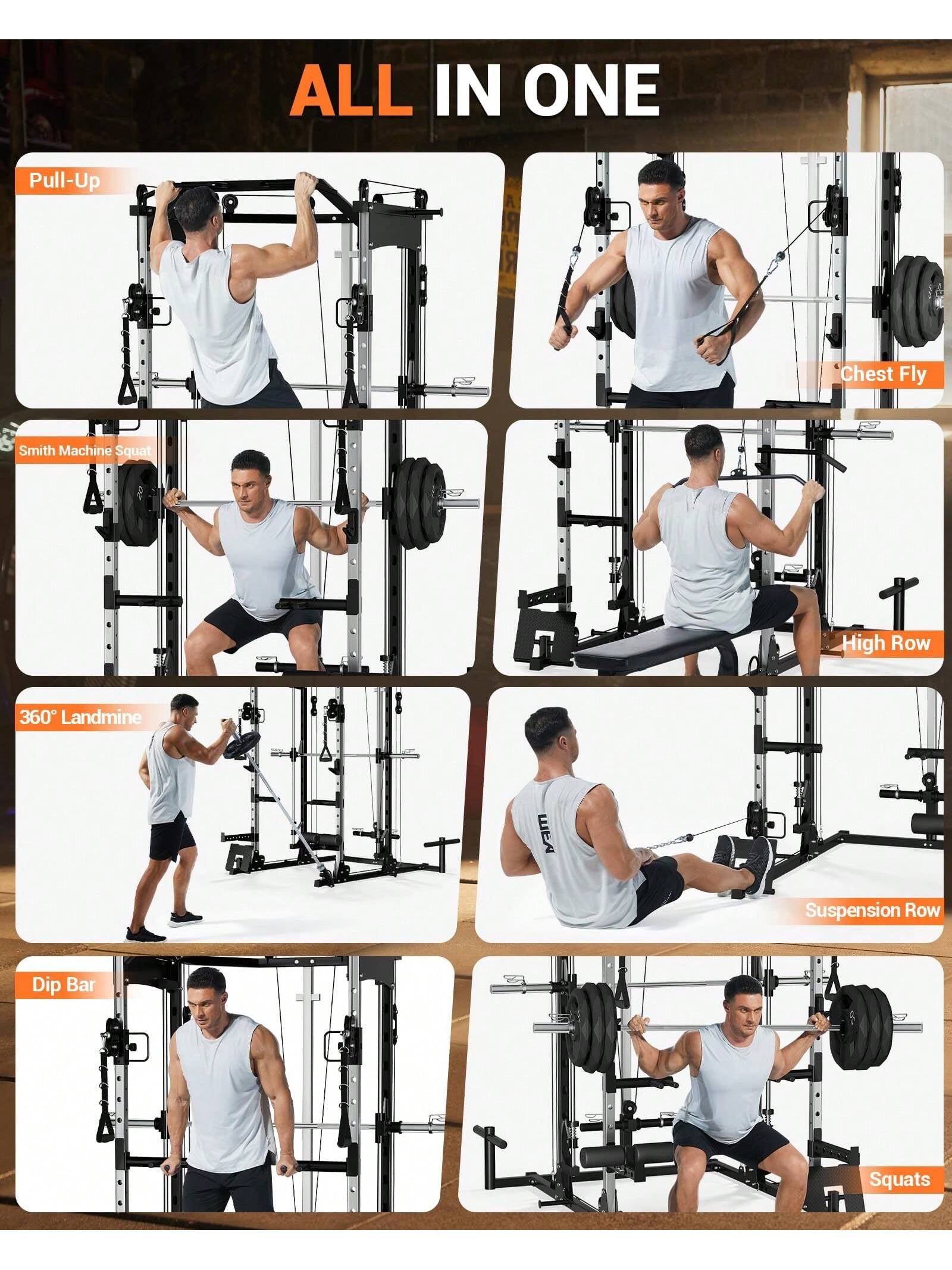 Smith Machine, 2200Lbs Squat Rack with Duable Cable & Lat-Pull down System, Multi-Function Squat Rack Power Cage for Home Gym, Training Equipment with Leg Hold-Down Attachment