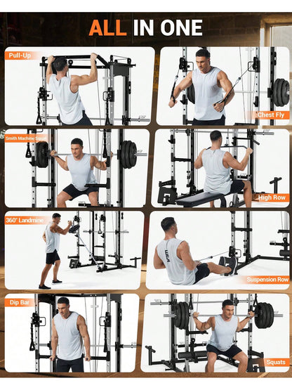 Smith Machine, 2200Lbs Squat Rack with Duable Cable & Lat-Pull down System, Multi-Function Squat Rack Power Cage for Home Gym, Training Equipment with Leg Hold-Down Attachment