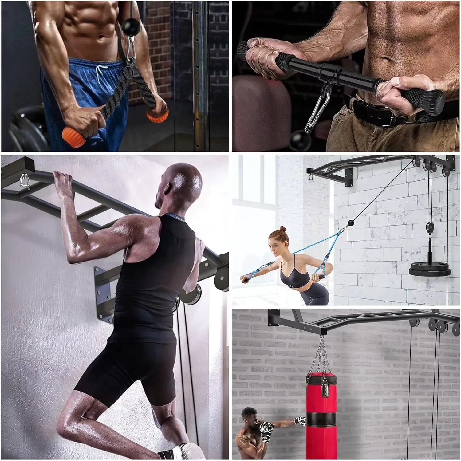 YOU-48'' Heavy Duty Pull up Bar Wall Mount Multi-Function Chin up Bar with Home Gym Cable Pulley System LAT Pulldown Workout