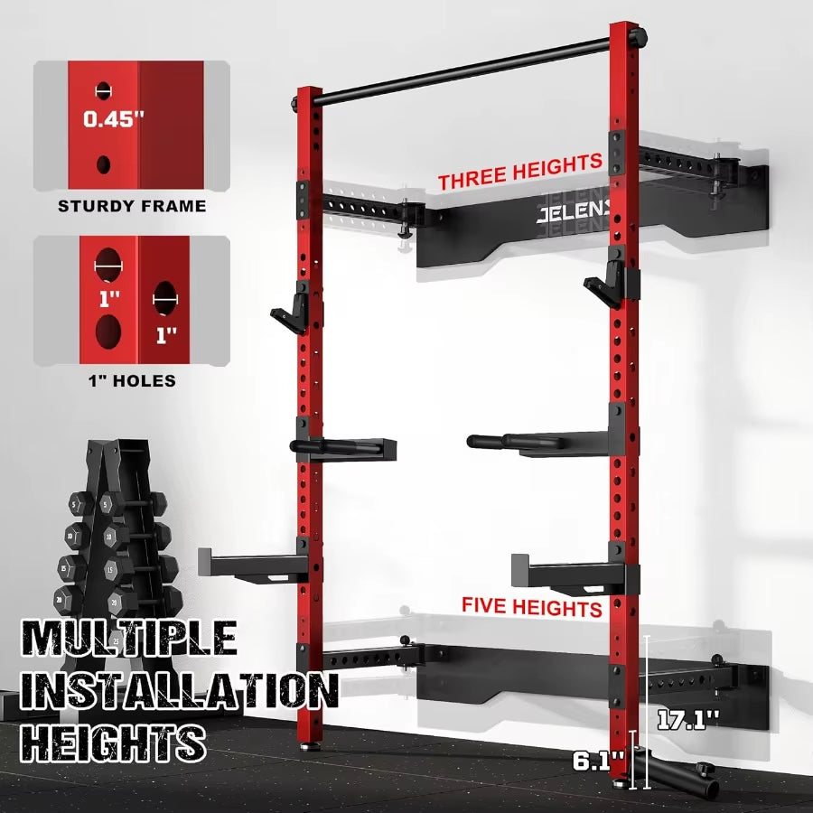 Wall Mounted Folding Squat Rack for Home Gym: Spacesaving Multifunctional Power Cage with Attachments for Strength Training Adj