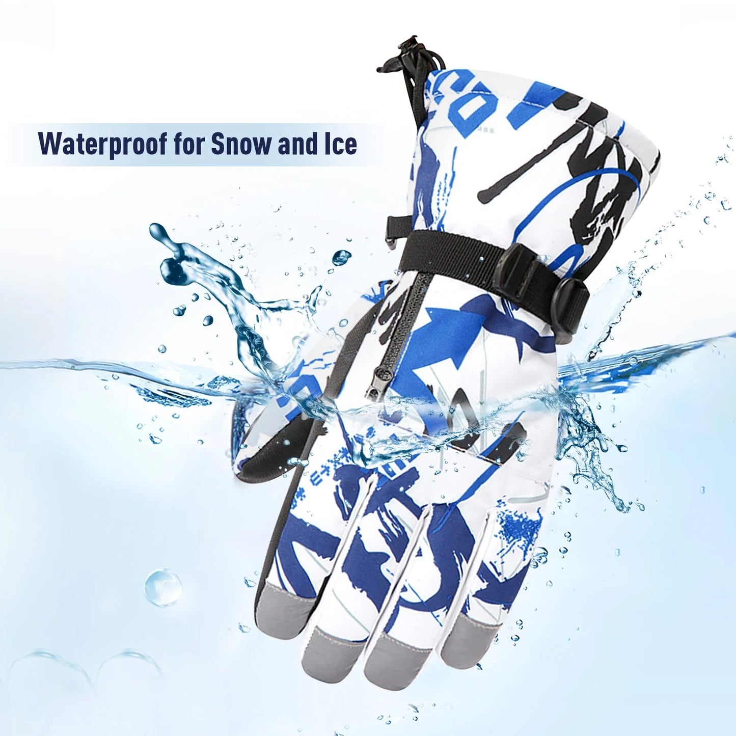 Boys Snowboard Sled Gloves Kids Touchscreen Snow Gloves Girls Windproof Winter Gloves Waterproof Snow Ski Gloves for Kids Graffiti Blue 7-10 Years