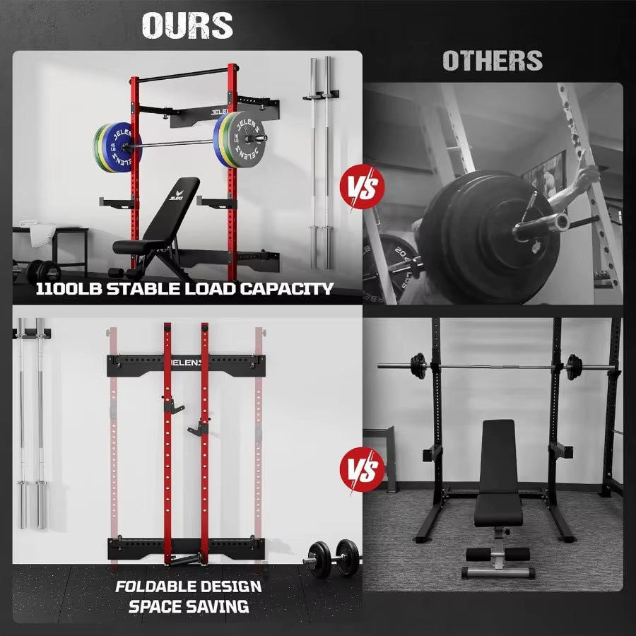 Wall Mounted Folding Squat Rack for Home Gym: Spacesaving Multifunctional Power Cage with Attachments for Strength Training Adj