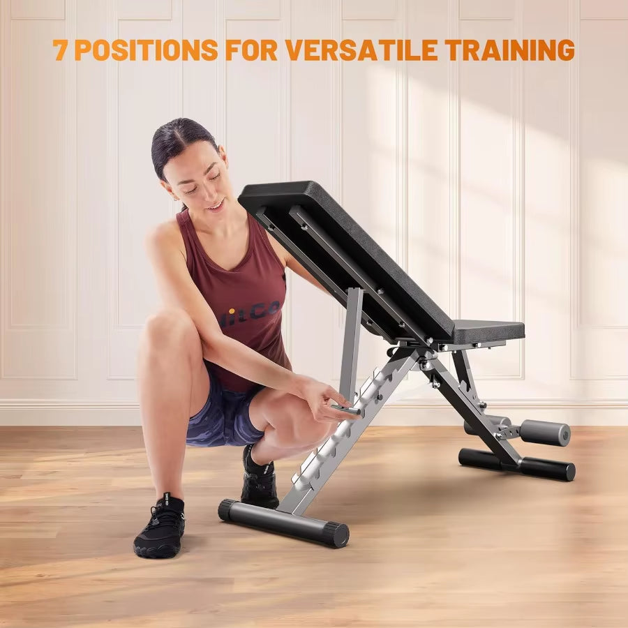 Folding Utility Weight Bench with Adjustable Backrest and 7 Incline Positions 3 Seat Settings for Compact Home Gym Space Ideal