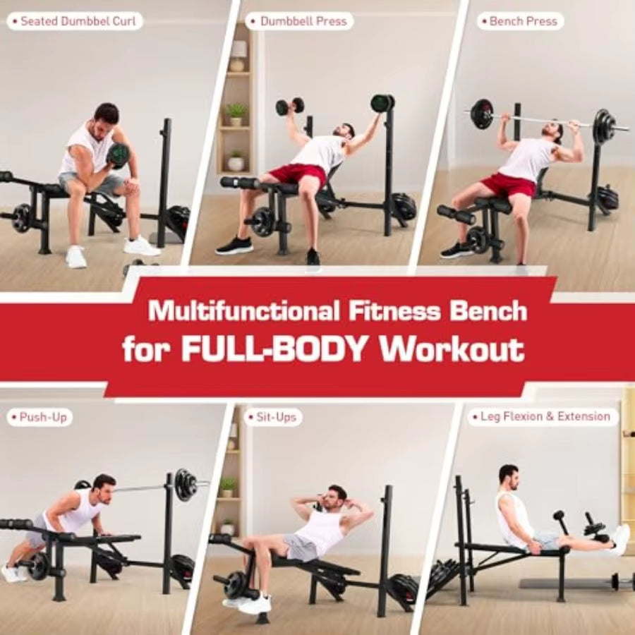 Adjustable Weight Bench Set with Squat Rack for Home Gym Strength Training: 900LBS Capacity Multi-Function Bench Press with Leg