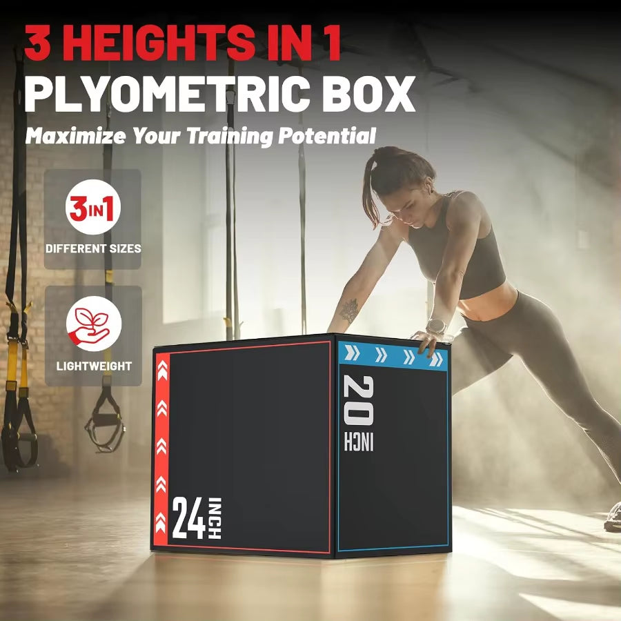 3In1 Plyometric Jump Box Workout Equipment for Home Gym Training: Adjustable Height Boxes 20 24 30 with Antislip Surface and Hi