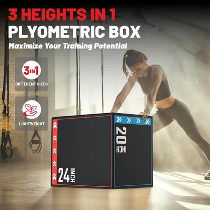 3In1 Plyometric Jump Box Workout Equipment for Home Gym Training: Adjustable Height Boxes 20 24 30 with Antislip Surface and Hi