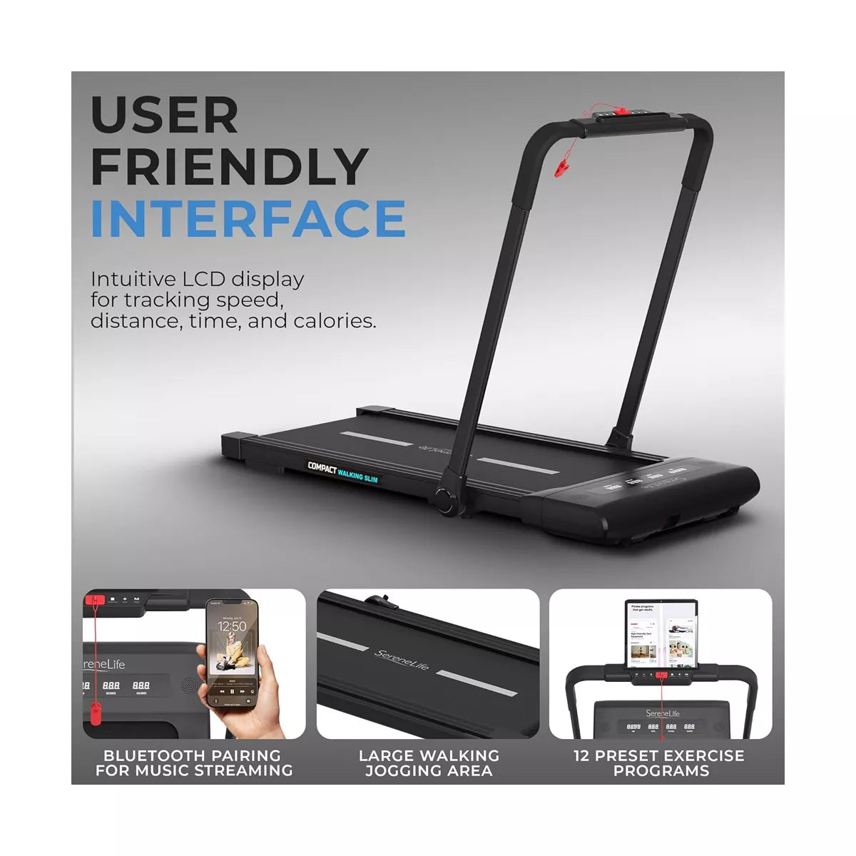 Serenelife Foldable Motorized Treadmill SLFOLD20 - Portable Home Gym Fitness Equipment