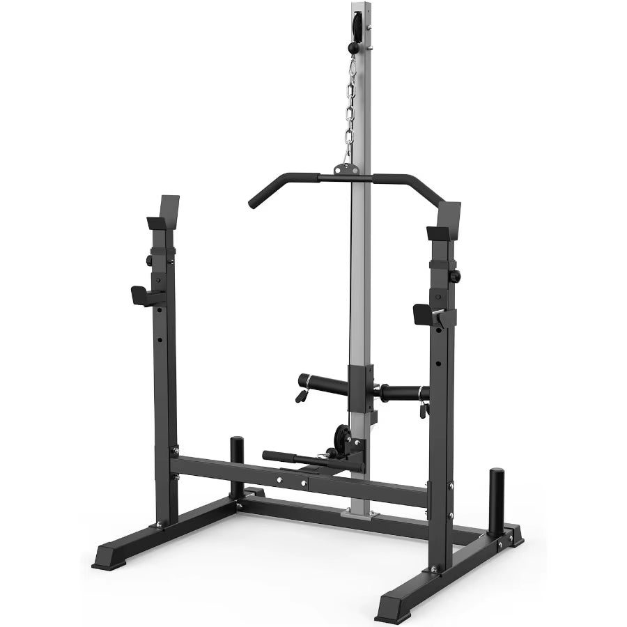 Power Rack with LAT Pulldown Pulley System Adjustable Multifunctional Squat Rack Power Cage with Jhooks Home Gym
