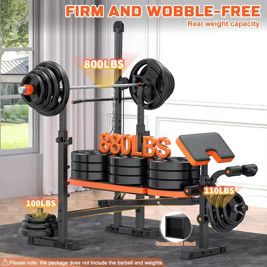 800Lbs 8-In-1 Adjustable Weight Bench for Home Gym: Multi-Function Strength Trainer with Lat Pulldown Leg Extension/Curl Barbel
