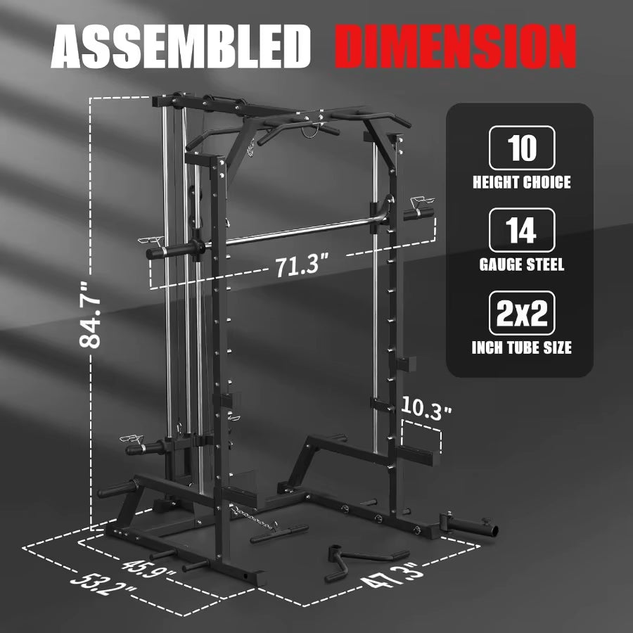 Smith Machine Power Rack with LAT Pulldown System Power Cage with Cable System Squat Rack for Home Gym with Chest Press Machine