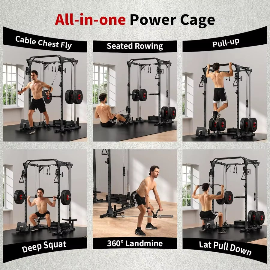 Power Cage2000Lbs Multifunction Squat Rack 2000Lbs Power Rack with Cable Crossover System and 20+ Attachments