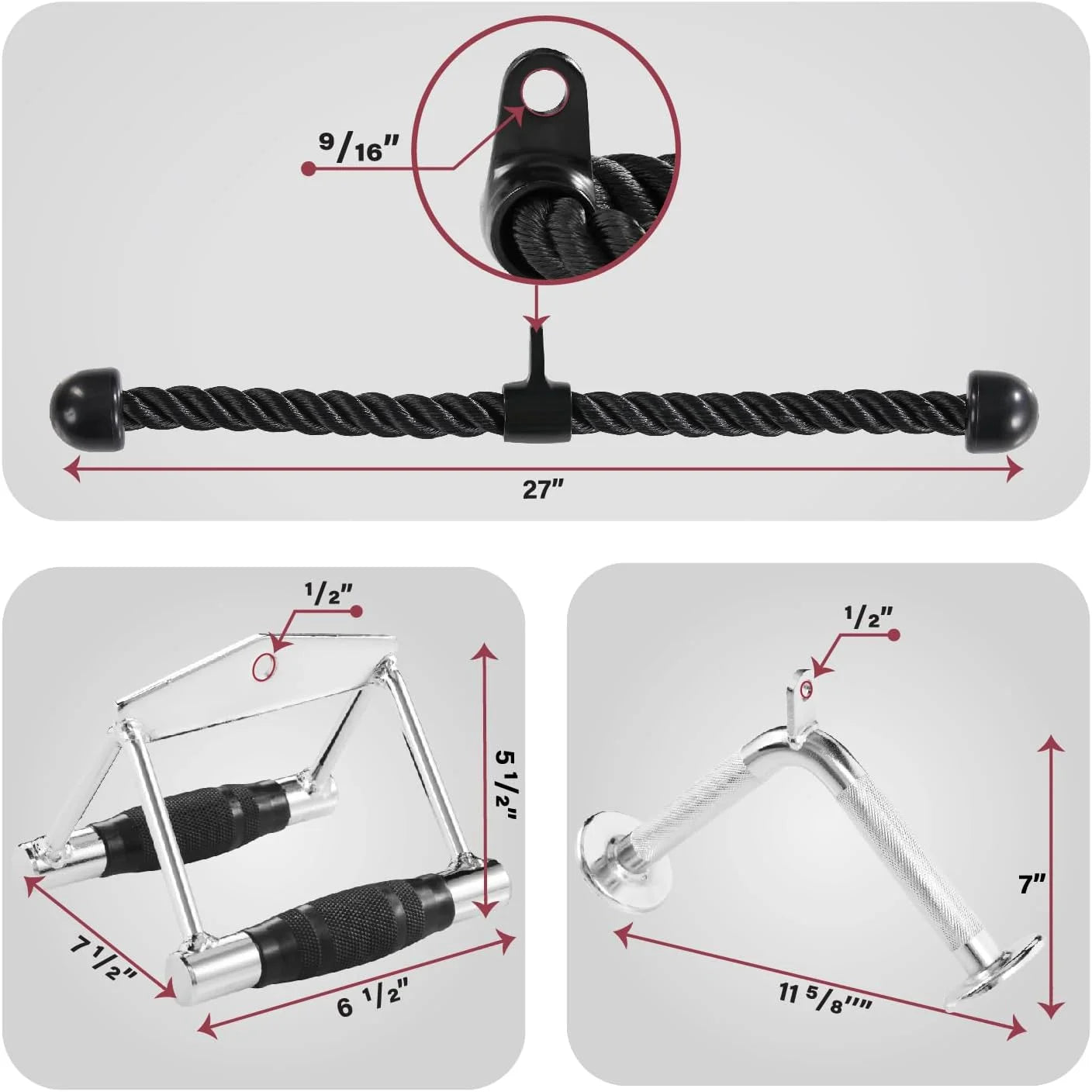 Double D Handle + Tricep Rope + V-Shaped Bar Cable Attachment Combo