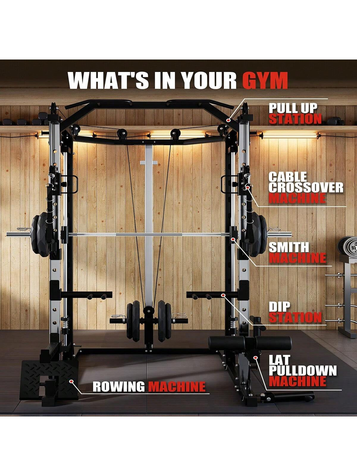 Ataucjin Smith Machine for Home Gym, Smith Machine with Cable Crossover Machine and Chest Station, All in One Home Gym System Power Rack for Garage(Ship in 3 Boxes)