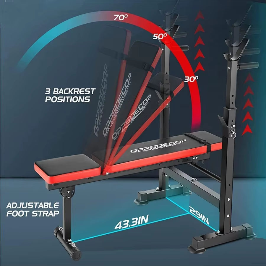 600Lbs 6-In-1 Adjustable Weight Bench Set with Integrated Squat Rack and Foldable Design for Home Gym Use Features Removable Fo